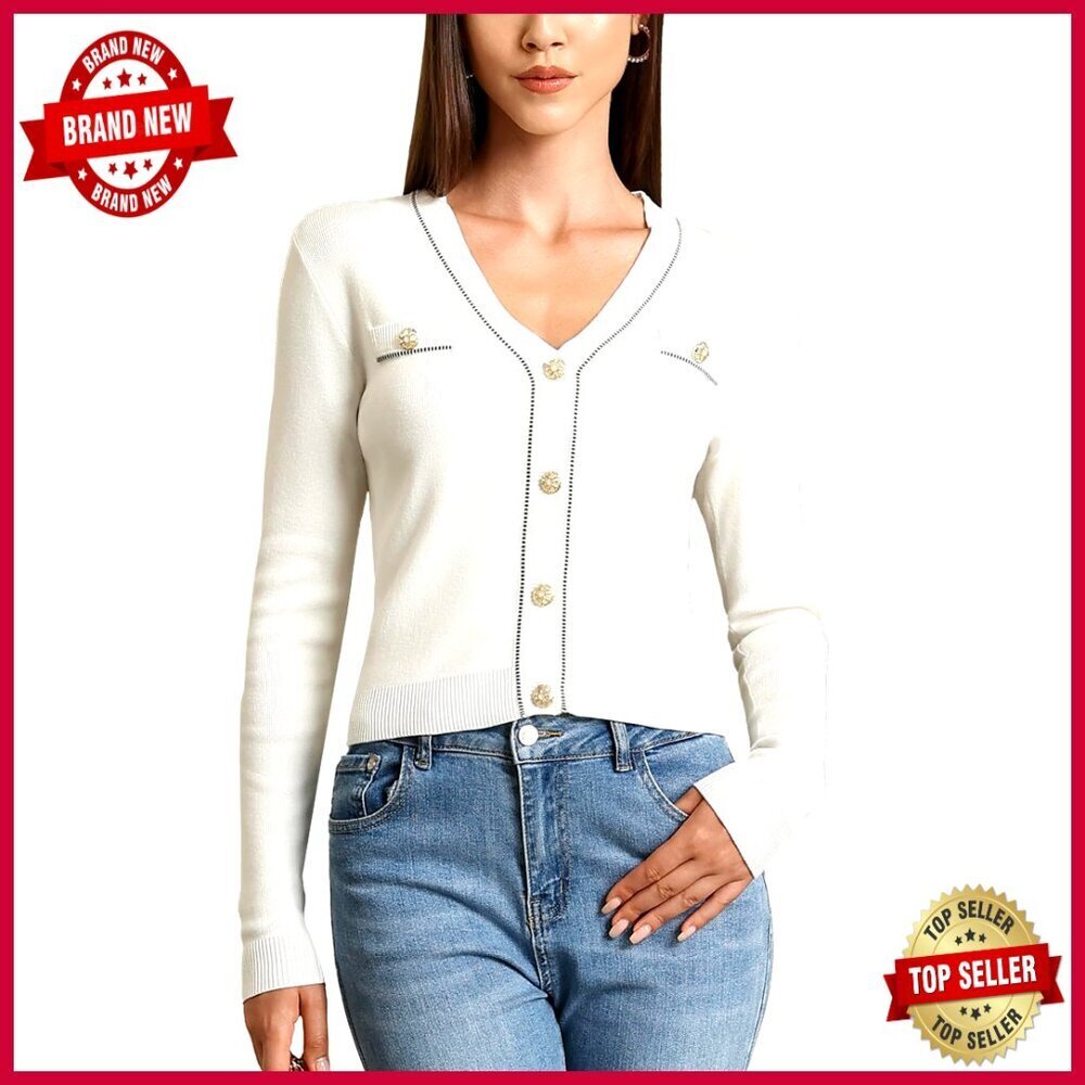 Cropped Cardigan Long Sleeve Slim Fit V-Neck Button Down Ribbed Knit